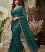 Teal embellished beads and stones silk blend fusion saree