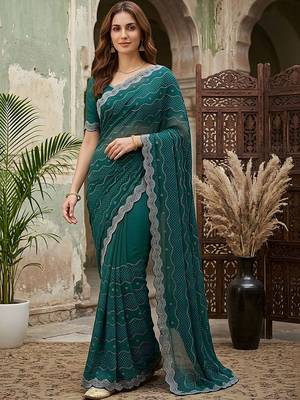 Teal embellished beads and stones silk blend fusion saree 2