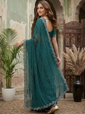 Teal embellished beads and stones silk blend fusion saree 3