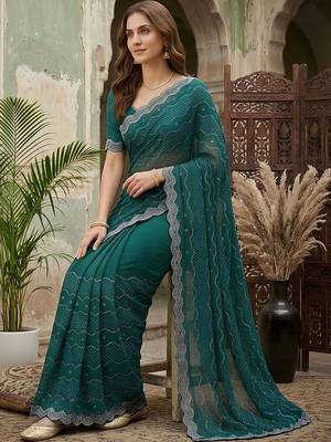 Teal embellished beads and stones silk blend fusion saree 4