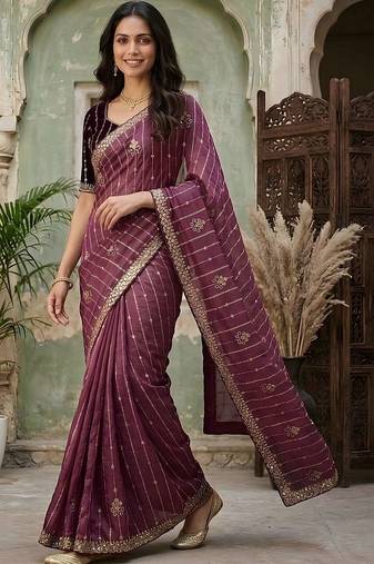 Purple embellished zari silk blend fusion saree