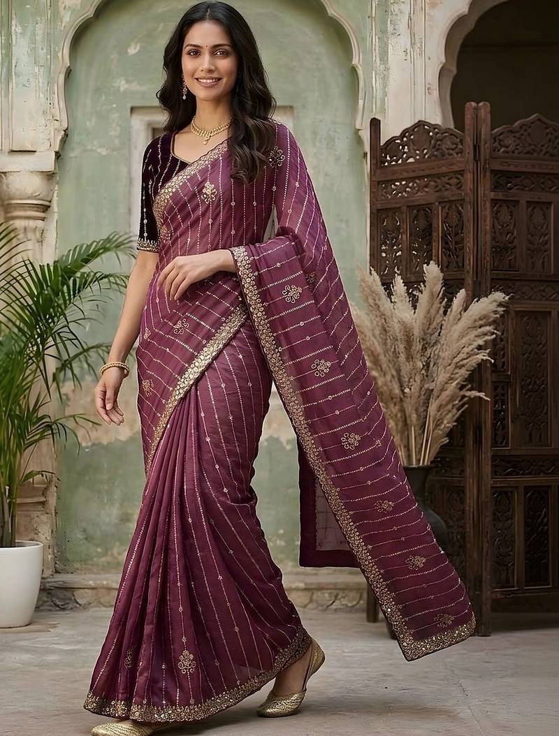 Purple embellished zari silk blend fusion saree