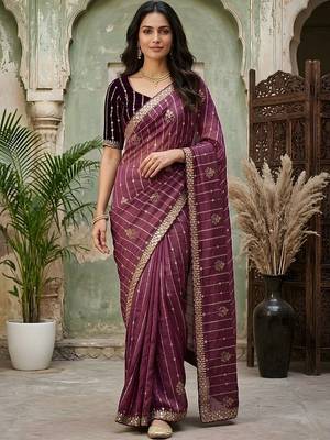 Purple embellished zari silk blend fusion saree 2