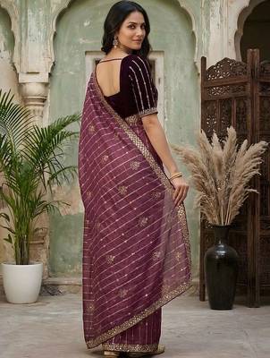 Purple embellished zari silk blend fusion saree 3