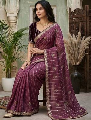 Purple embellished zari silk blend fusion saree 4