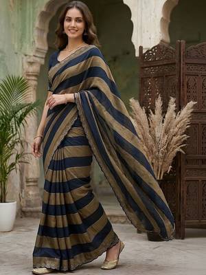 Navy blue striped embroidered silk blend fusion saree 1