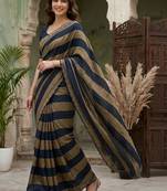 Navy blue striped embroidered silk blend fusion saree