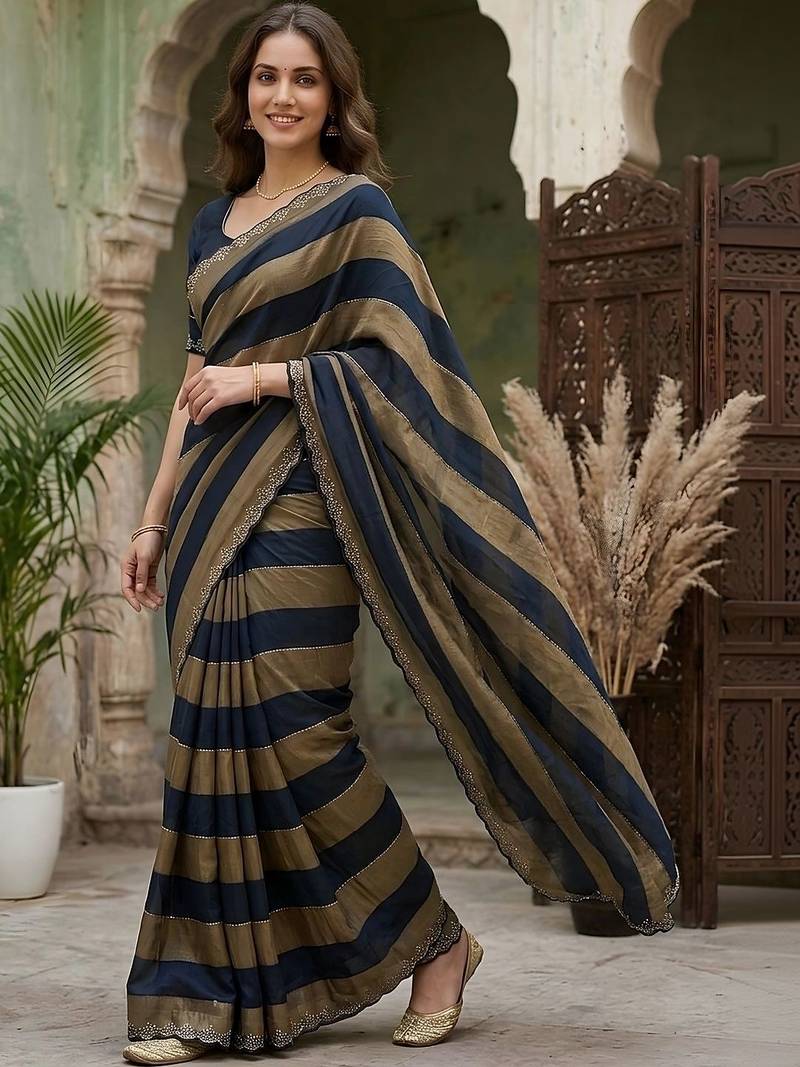 Navy blue striped embroidered silk blend fusion saree