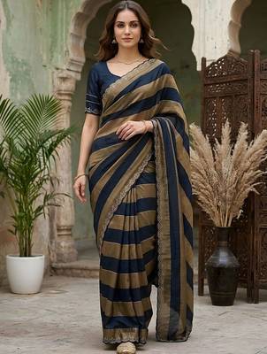 Navy blue striped embroidered silk blend fusion saree 2