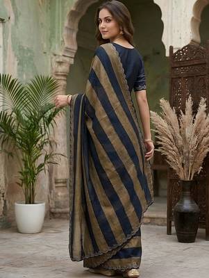 Navy blue striped embroidered silk blend fusion saree 3