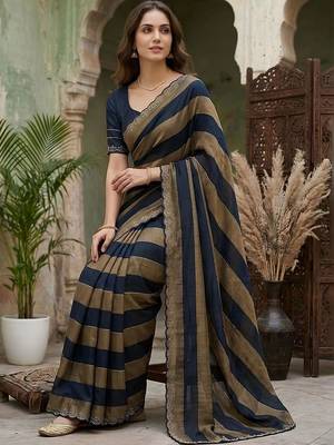 Navy blue striped embroidered silk blend fusion saree 4