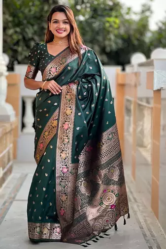 Green ethnic motifs woven design kanjeevaram saree
