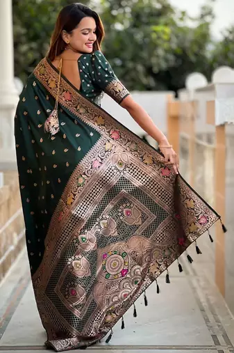 Green ethnic motifs woven design kanjeevaram saree