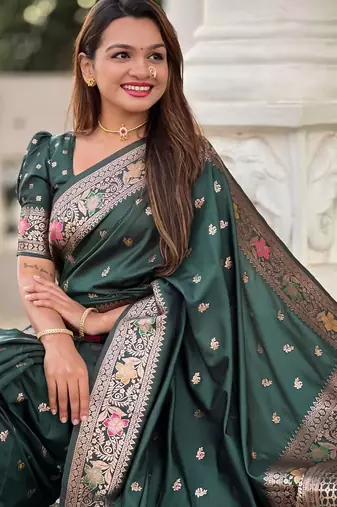 Green ethnic motifs woven design kanjeevaram saree