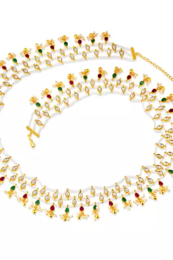 Gold-Plated Kundan and Beaded Ethnic Kamarbandh Belly Chain for Women