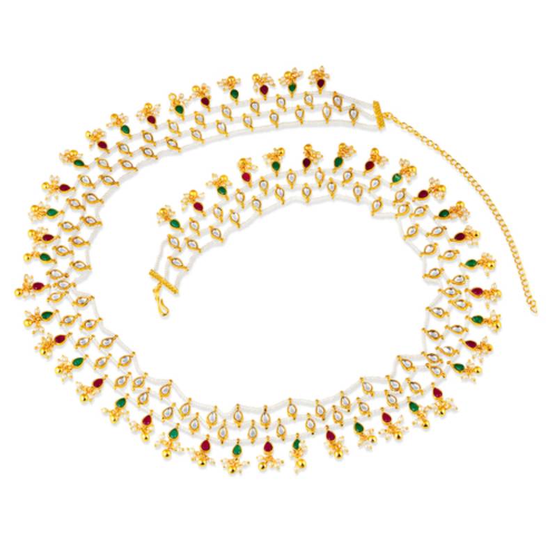 Gold-Plated Kundan and Beaded Ethnic Kamarbandh Belly Chain for Women