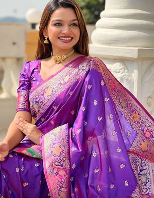 Purple woven design zari kanjeevaram saree 5