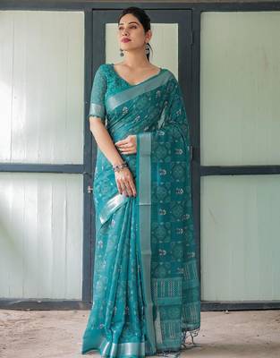 Green floral printed zari  linen saree 1