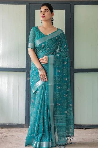 Green floral printed zari  linen saree