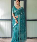 Green floral printed zari  linen saree