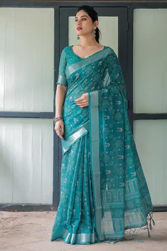 Green floral printed zari  linen saree