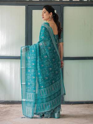 Green floral printed zari  linen saree 3