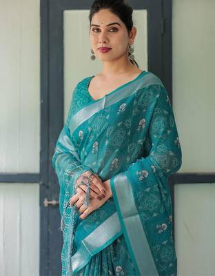 Green floral printed zari  linen saree 5