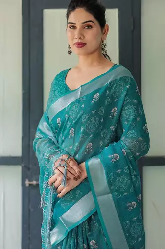 Green floral printed zari  linen saree