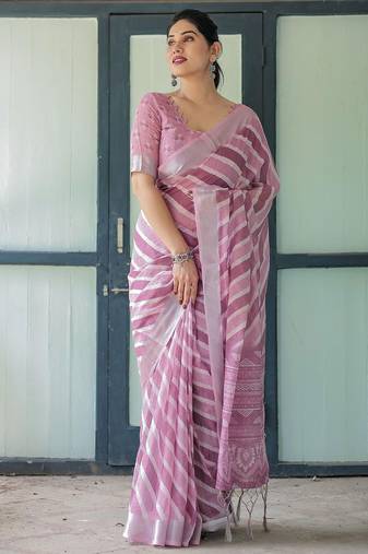 Pink leheriya zari  linen saree