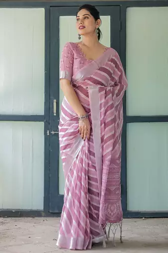 Pink leheriya zari  linen saree