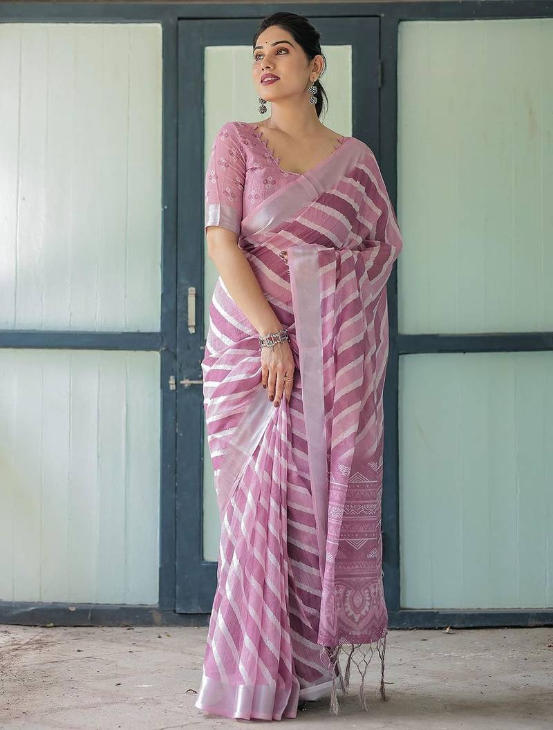 Pink leheriya zari  linen saree