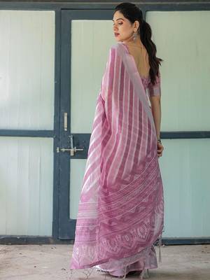 Pink leheriya zari  linen saree 3
