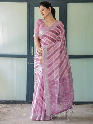 Pink leheriya zari  linen saree 4