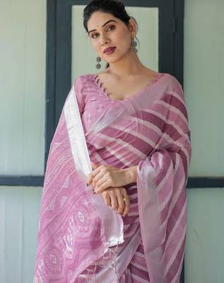 Pink leheriya zari  linen saree 5