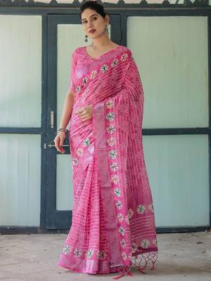 Pink bandhani printed zari  linen saree 1