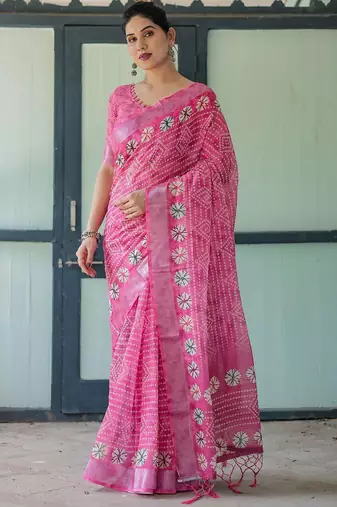 Pink bandhani printed zari  linen saree