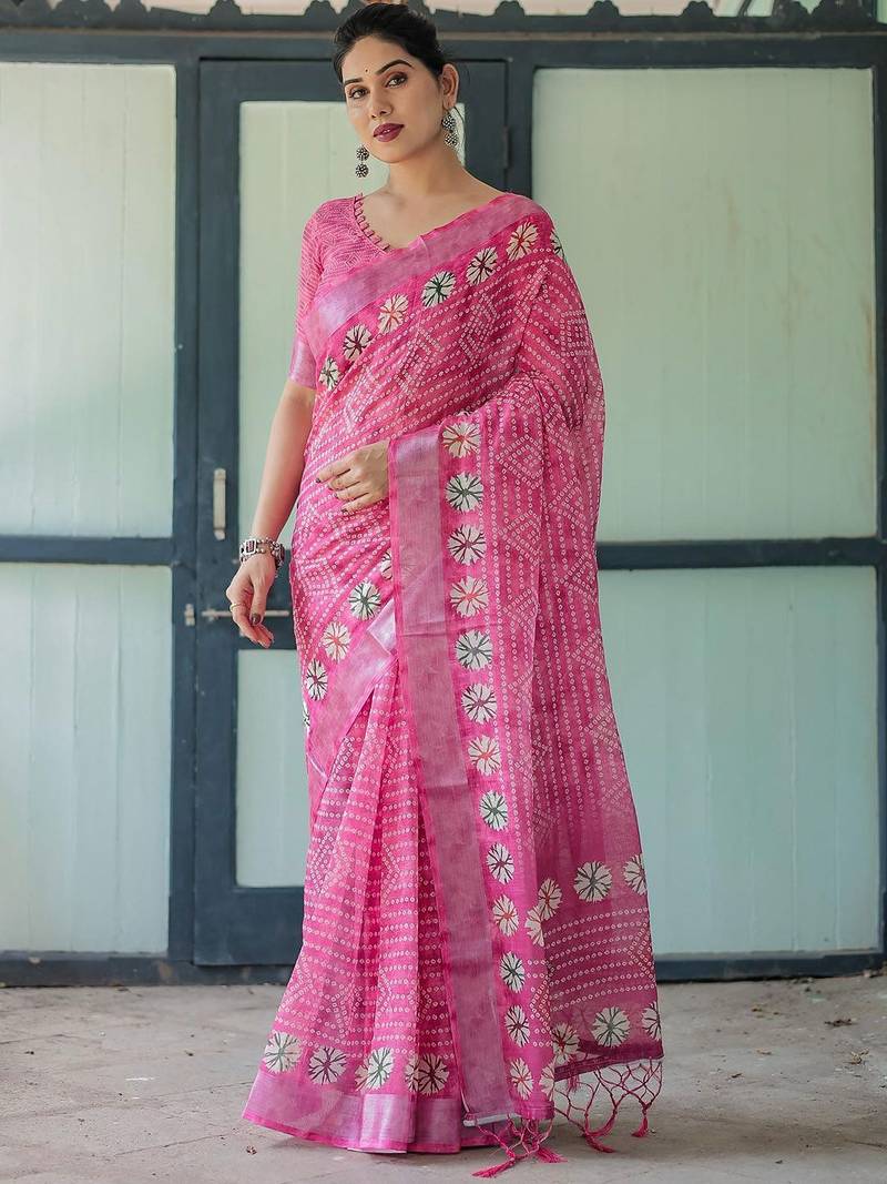Pink bandhani printed zari  linen saree