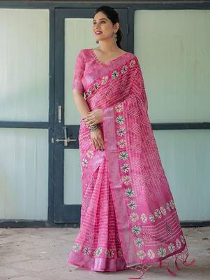 Pink bandhani printed zari  linen saree 2
