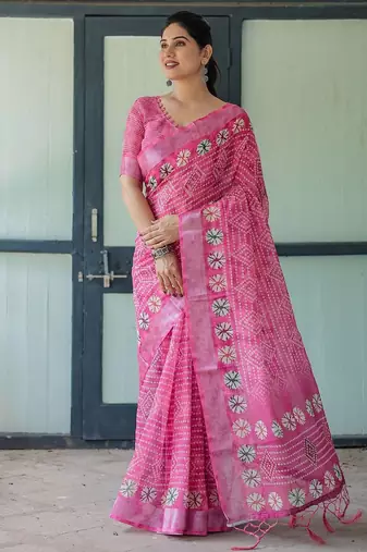Pink bandhani printed zari  linen saree