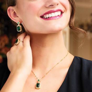 Gold plated cubic zirconia studded green pendant chain drop earrings 1