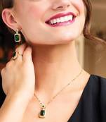 Gold plated cubic zirconia studded green pendant chain drop earrings