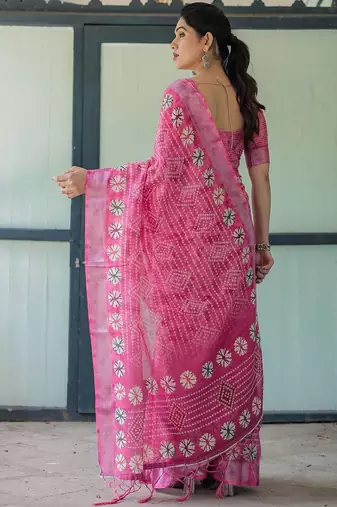 Pink bandhani printed zari  linen saree