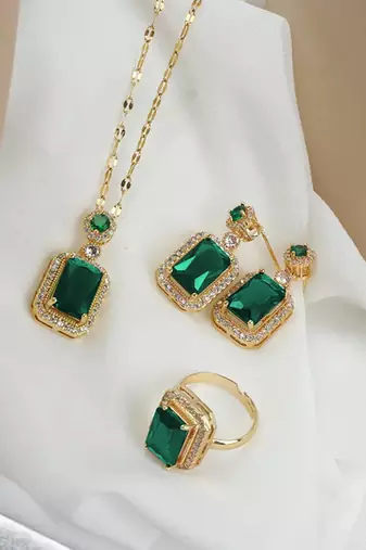 Gold plated cubic zirconia studded green pendant chain drop earrings