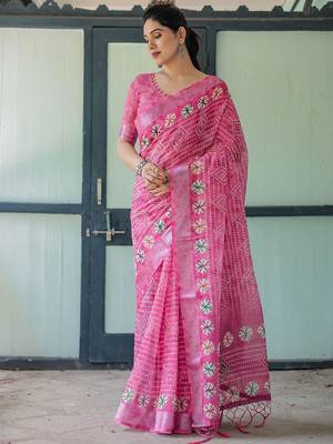 Pink bandhani printed zari  linen saree 4