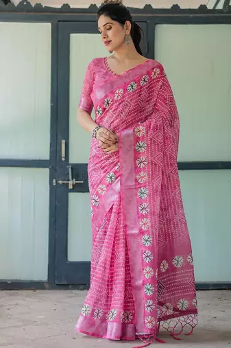 Pink bandhani printed zari  linen saree