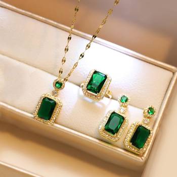 Gold plated cubic zirconia studded green pendant chain drop earrings 3