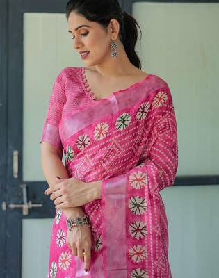 Pink bandhani printed zari  linen saree 5