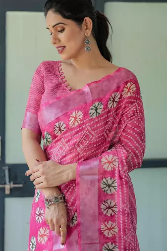 Pink bandhani printed zari  linen saree