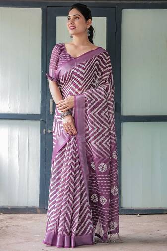Purple women geometric printed zari  linen saree