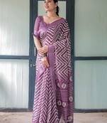 Purple women geometric printed zari  linen saree